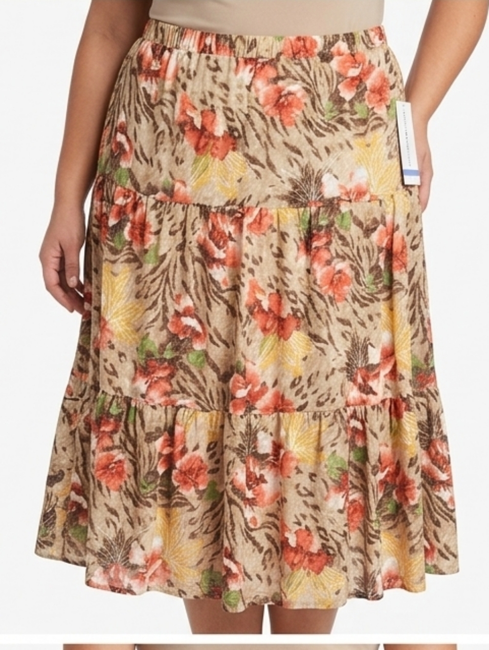 NWT Alfred Dunner Floral Animal Print Tiered Midi Skirt